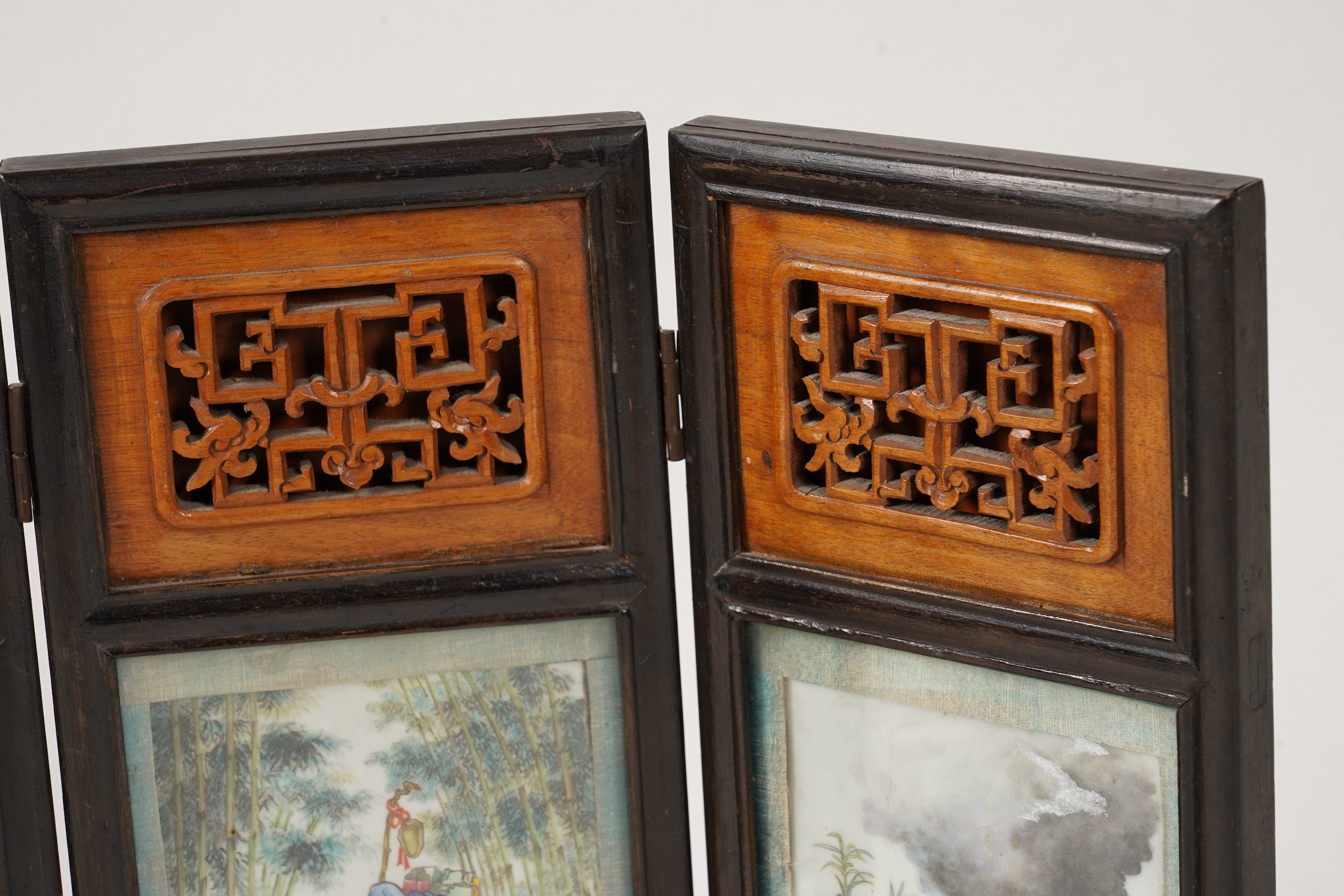 A Chinese porcelain plaque inset four fold table screen, Republic period